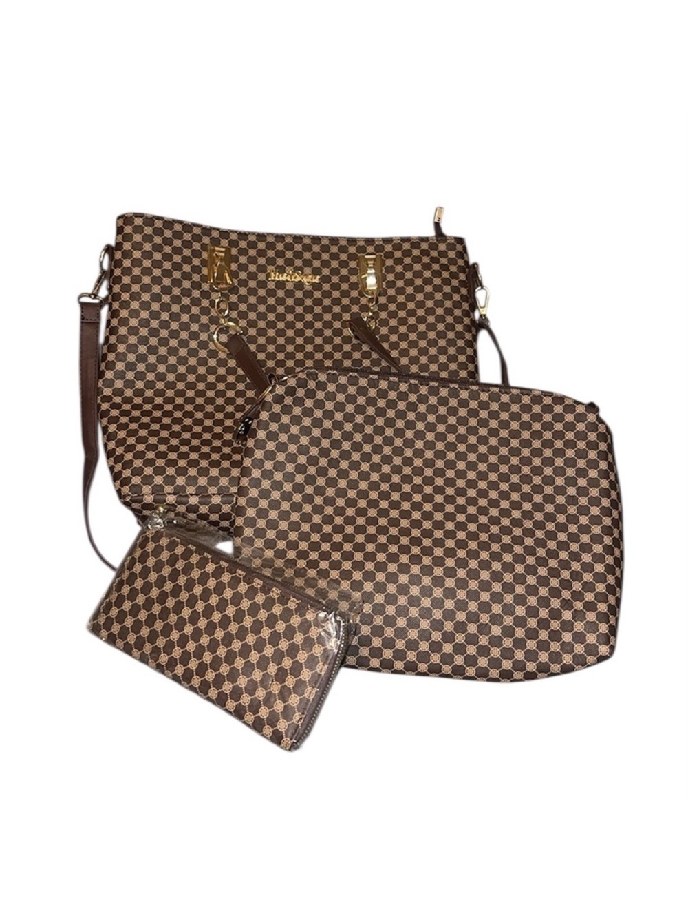 Designer-Styled Checkered Brown 3-Piece Women’s Bag Set - Mei&Ge